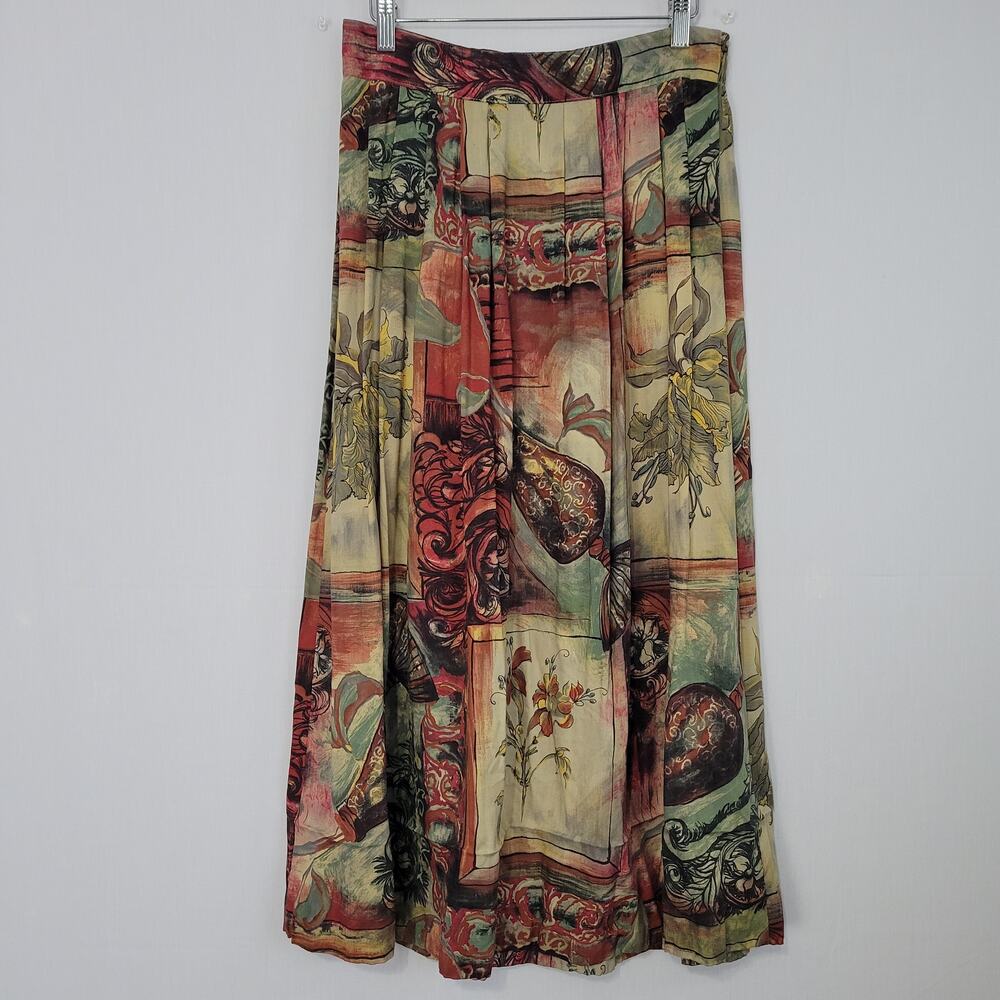 Vintage Floral Mixed Print Pleated Pull On Midi Skirt size 12 Artsy 80s 90s USA